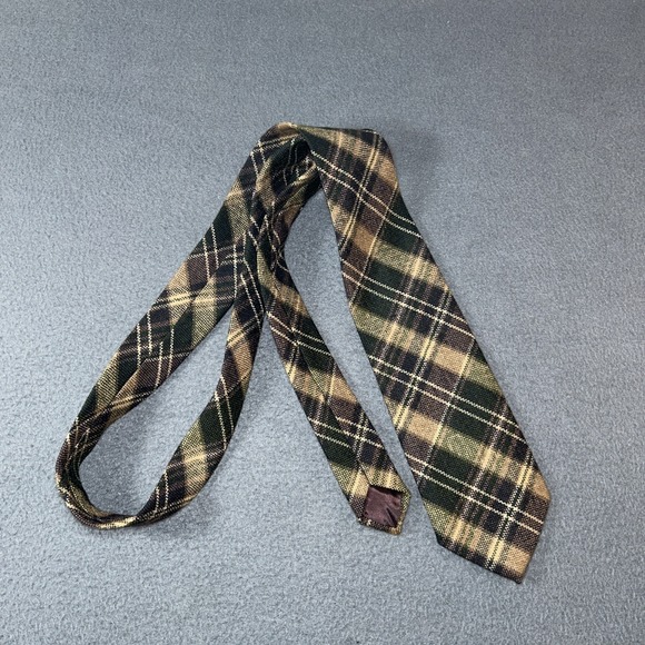 100% Wool Tartan Necktie Made in UK Brown Green Plaid Tie Vintage - Picture 3 of 6